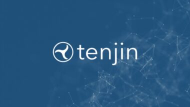Tenjin logo in front of a dark blue background