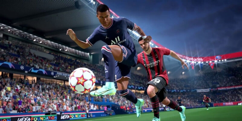 PSG striker Mbappe doing acrobatics with the ball in a FIFA game