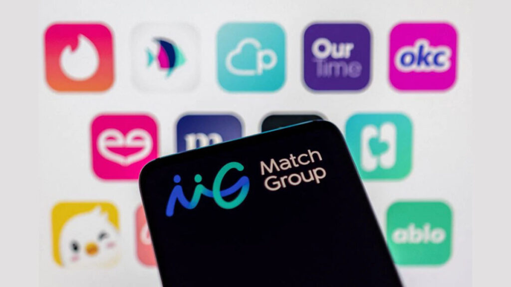 Match Group's sub brand logos can be seen on a blurry background