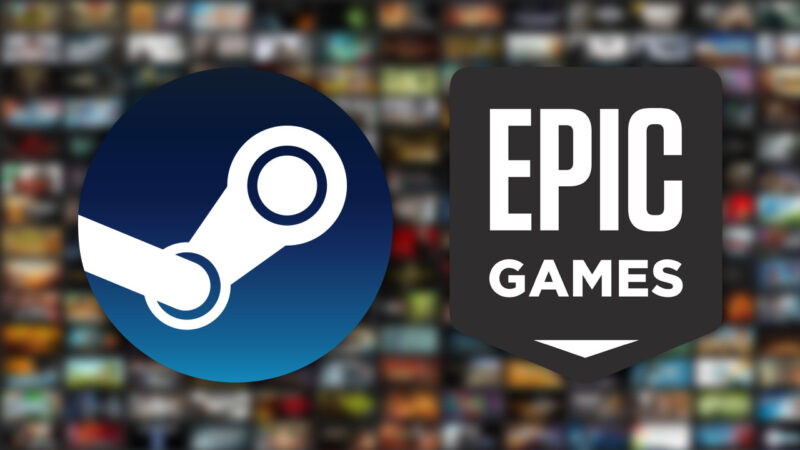Steam and Epic Games logos with a digital game library showing behind them