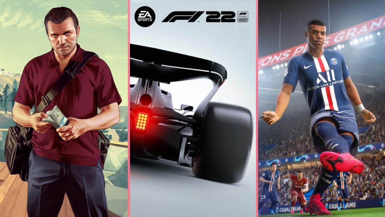 A three-split image of GTA V Michael, an F1 race car and PSG's Mbappe