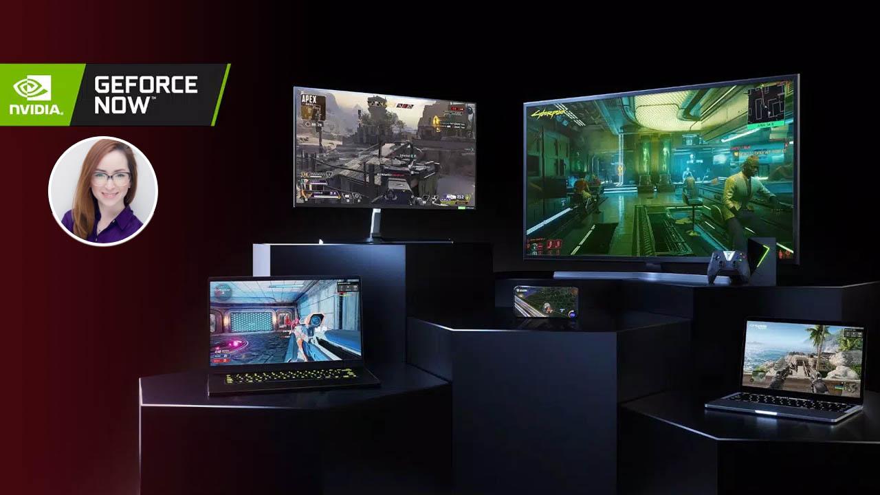 A TV, a laptop, a PC, mobile devices all having GeForce Now with Candice's headshot photo