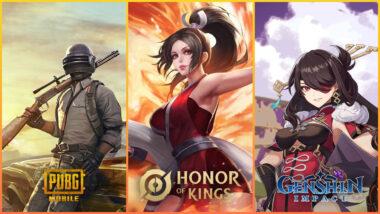 PUBG Mobile, Honor of Kings and Genshin Impact characters standing side by side