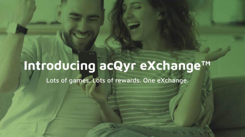 A man and a woman laughing in the background of a promotion text for Acqyr Exchange