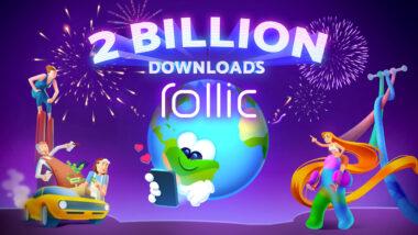 Rollic'in oyun karakterleri mor bir arka planda 2 milyar indirmeyi kutluyor