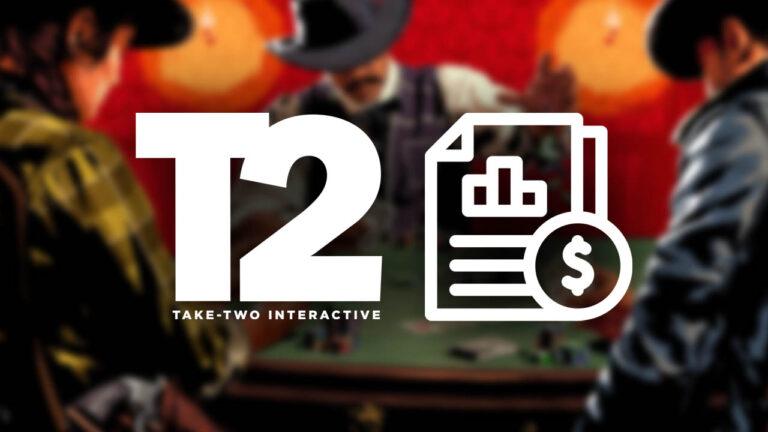 Take-Two logosu bir mali rapor çizimiyle yan yana, arka planda poker oynayan kovboylar var