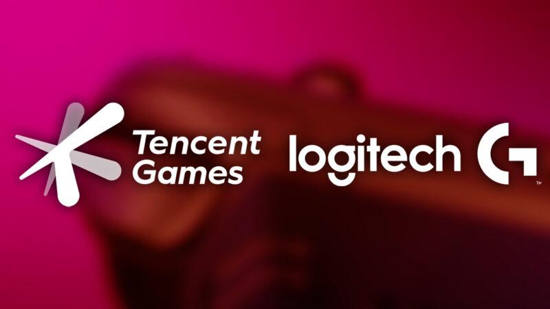 Arkasında bulanık bir el konsolu ile Tencent ve Logitech G logoları
