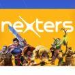Nexters characters pose in front of a background with the company's logo