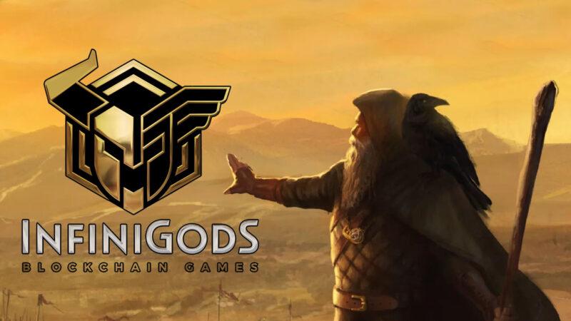 InfiniGods Logo with a drawing of Odin and a raven in the background