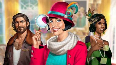 June's Journey's three main characters in the game's main cover art with June holding a magnifying glass
