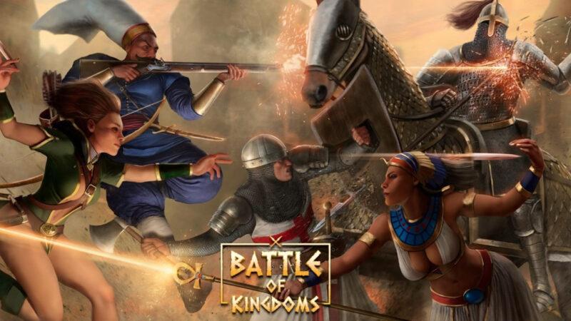 Battle of Kingdoms characters over a Battle of Kingdoms logo