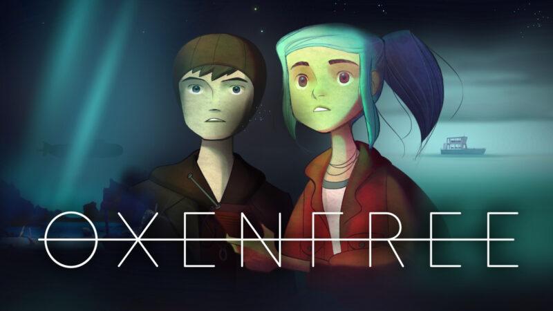 Oxenfree characters over Oxenfree logo