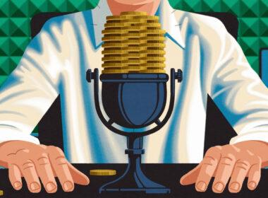 Drawing of a man sitting in front of a microphone made out of coins