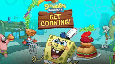 Spongebob, Patrick Star, and Squdward in Bikini Bottom with Spongebob: Get Cooking! logo over them