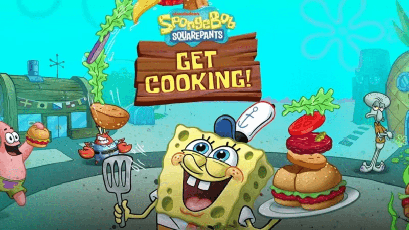 Spongebob, Patrick Star, and Squdward in Bikini Bottom with Spongebob: Get Cooking! logo over them