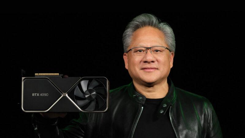 Nvidia CEO Jensen Huang holding the new RTX 4090 GPU