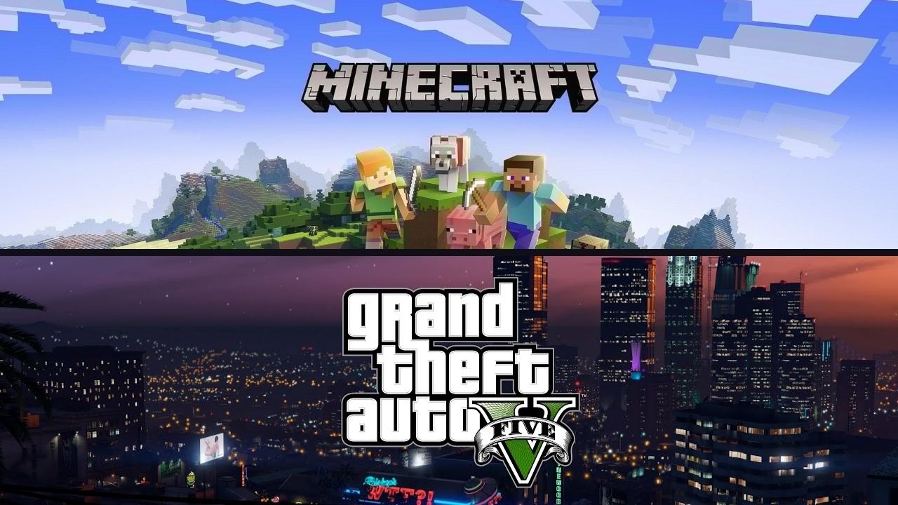 Üst tarafta Minecraft logosu ve manzarası alt tarafta GTA V logosu ve manzarası.