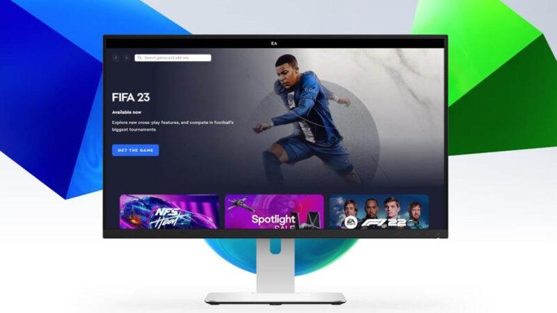 EA's EA app on a pc monitor showing FIFA 23 as the featured game