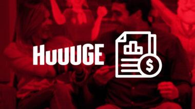 Huuge Games' logo and a financial report icon, over a red background with people playing mobile games