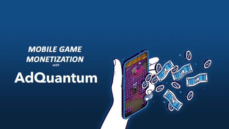 AdQuantum's logo on the left, and a hand printing money and coins through a mobile phone on the right