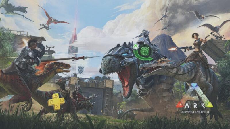 Two dinosaur riders fighting in battle, with PlayStation Plus and Xbox Game Pass logos on them