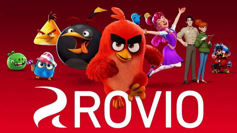 Multiple characters from Rovio's games over the Rovio logo in front of a red background