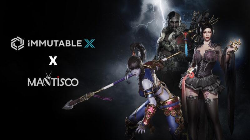 Hunter's Arena: Reborn characters Dalgi, Samjang, and Sandy next to ImmutableX and Mantisco logos over a black background