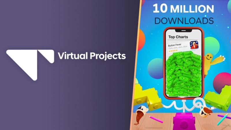 Virtual Projects logo on the left, a mobile phone drawing showcasing Button Fever on the right