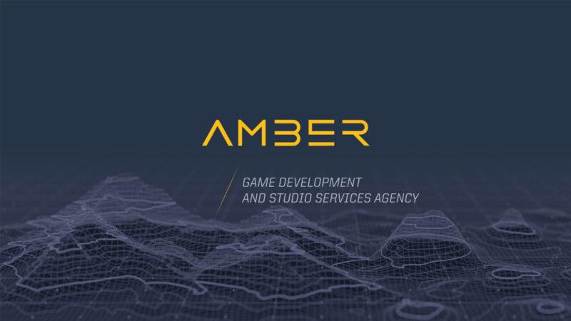 Amber logo over digital mountains