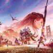Aloy holds her bow vertically before her in the background. Several enemies from Horizon: forbidden west are showcased in a beutiful field of flowers