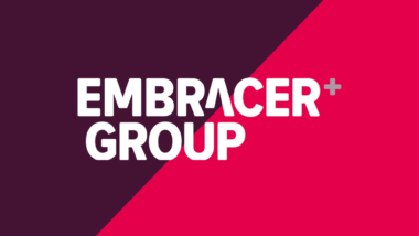 Embracer group logo on a red and maroon background