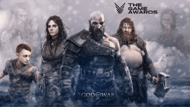 Kratos, Thor, and other characters from God of War Ragnarok under The Game Awards logo