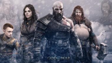 god of war chracters standing next to each other including atreus, kratos, thor