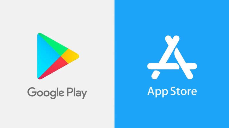 google play logo on left, app store logo on right