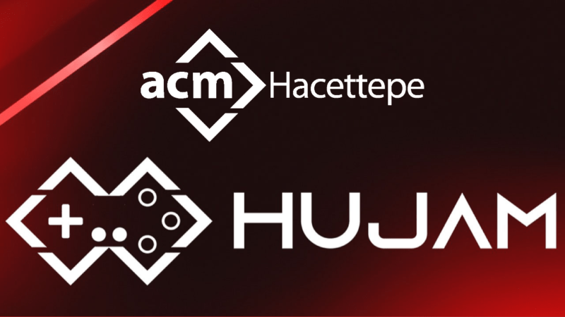 Kırmızı arka plan üzerinde ACM Hacettepe ve HUJAM logoları