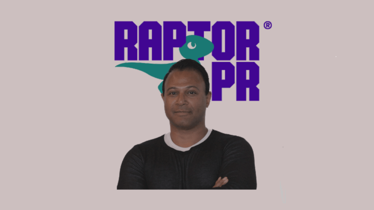 A headshot of Rana Rahman under the Raptor PR logo over a grey background