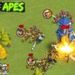 An in game screenshot of groups of armoured apes attacking a tower with modern weaponry