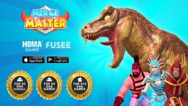 A dinosaur and three warriors next to Merge Master, Homa Games, and Fusee logos