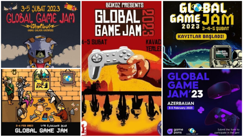 A collage of posters of various game jams in 2023.