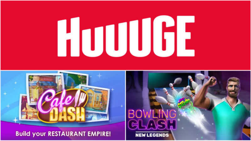 Huuuge games logo with game images from cafe dash and bowling clash.