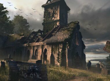 Ruined church with plants overgrowing, in game footage from the game New Cycle.